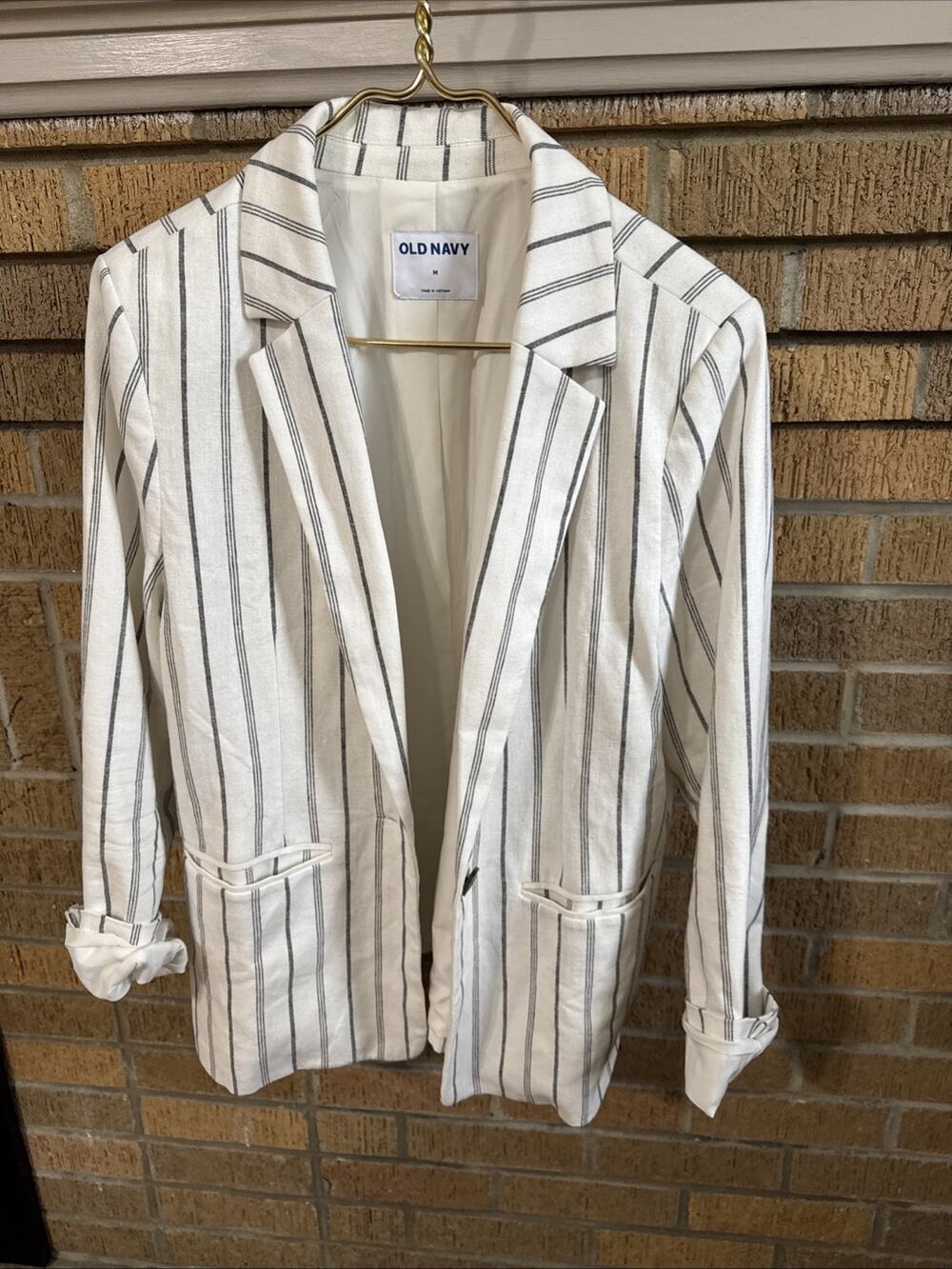 Old Navy Women's Linen Blend Striped Blazer Jacket Gray and White Size Medium